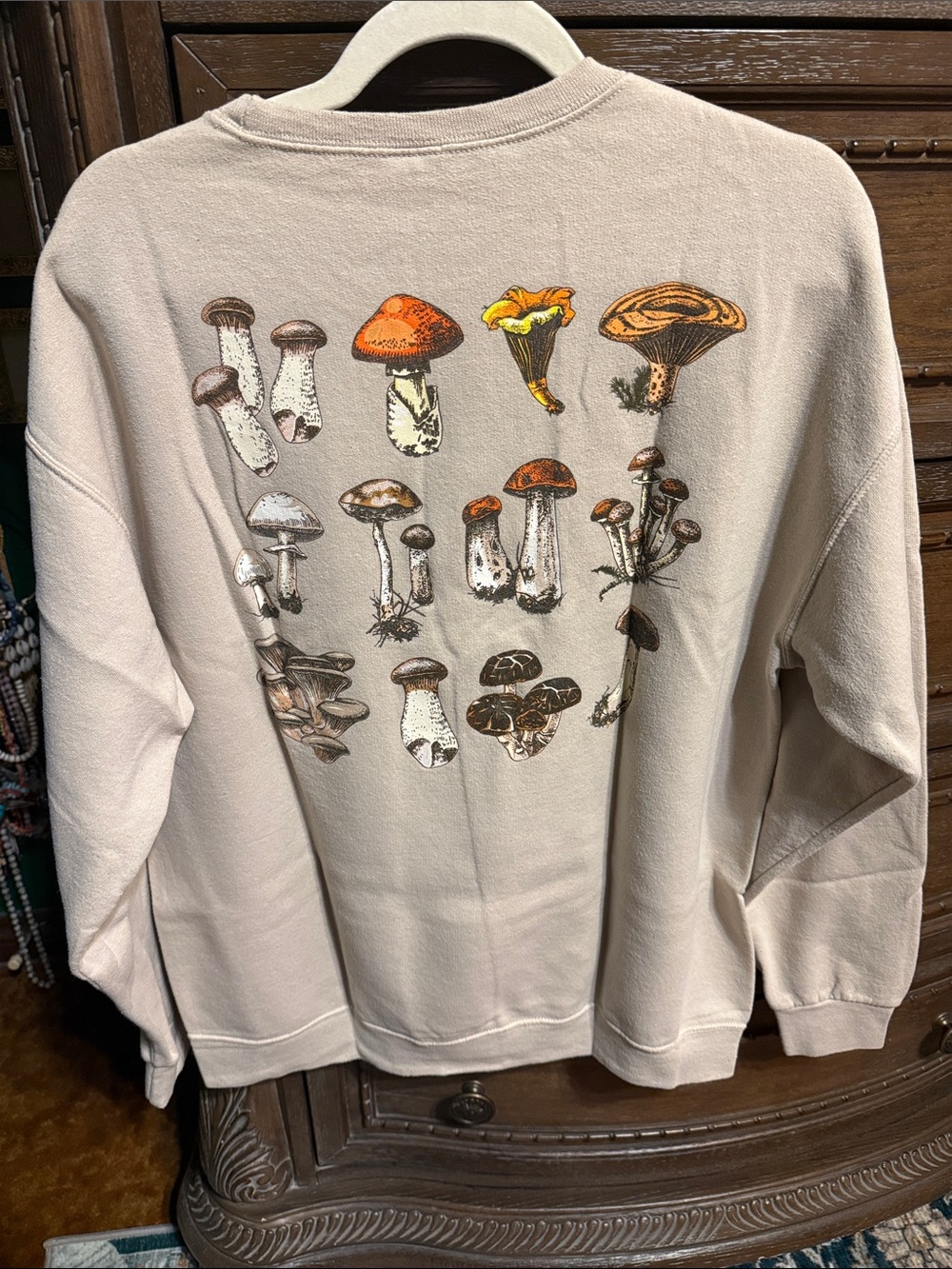 Men's Crewneck Sweater with Mushroom Graphic - Beige
